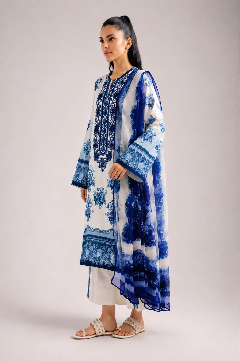 ETHNC 3 Piece Embroidered Lawn Suit for Women | Embroidered Lawn Shirt, Dyed Trouser & Printed Lawn Dupatta