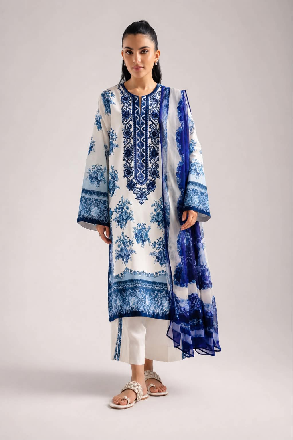 ETHNC 3 Piece Embroidered Lawn Suit for Women | Embroidered Lawn Shirt, Dyed Trouser & Printed Lawn Dupatta