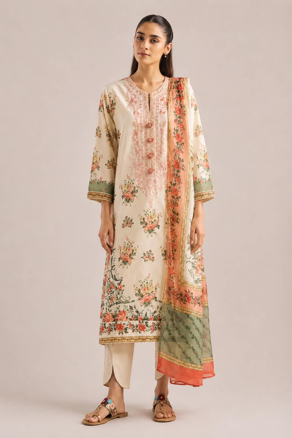ETHNC 3 Piece Embroidered Lawn Suit for Women | Embroidered Lawn Shirt, Dyed Trouser & Printed Lawn Dupatta