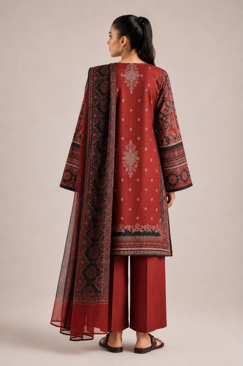 ETHNC 3 Piece Embroidered Lawn Suit for Women | Embroidered Lawn Shirt, Dyed Trouser & Printed Lawn Dupatta