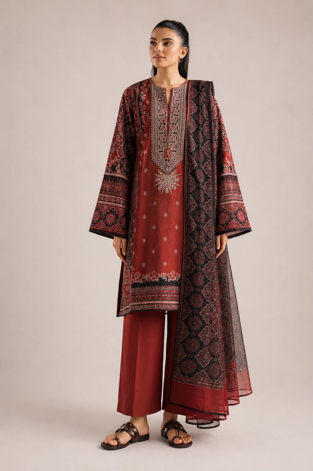 ETHNC 3 Piece Embroidered Lawn Suit for Women | Embroidered Lawn Shirt, Dyed Trouser & Printed Lawn Dupatta
