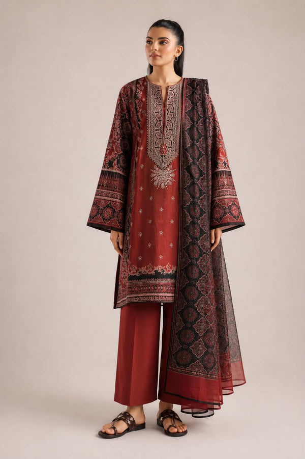 ETHNC 3 Piece Embroidered Lawn Suit for Women | Embroidered Lawn Shirt, Dyed Trouser & Printed Lawn Dupatta