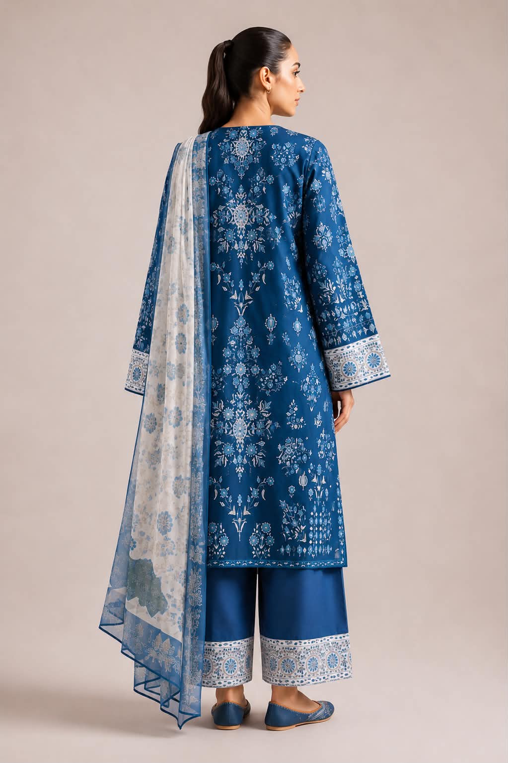 ETHNC 3 Piece Embroidered Lawn Suit for Women | Blue Embroidered Lawn Shirt, Dyed Trouser & Printed Lawn Dupatta