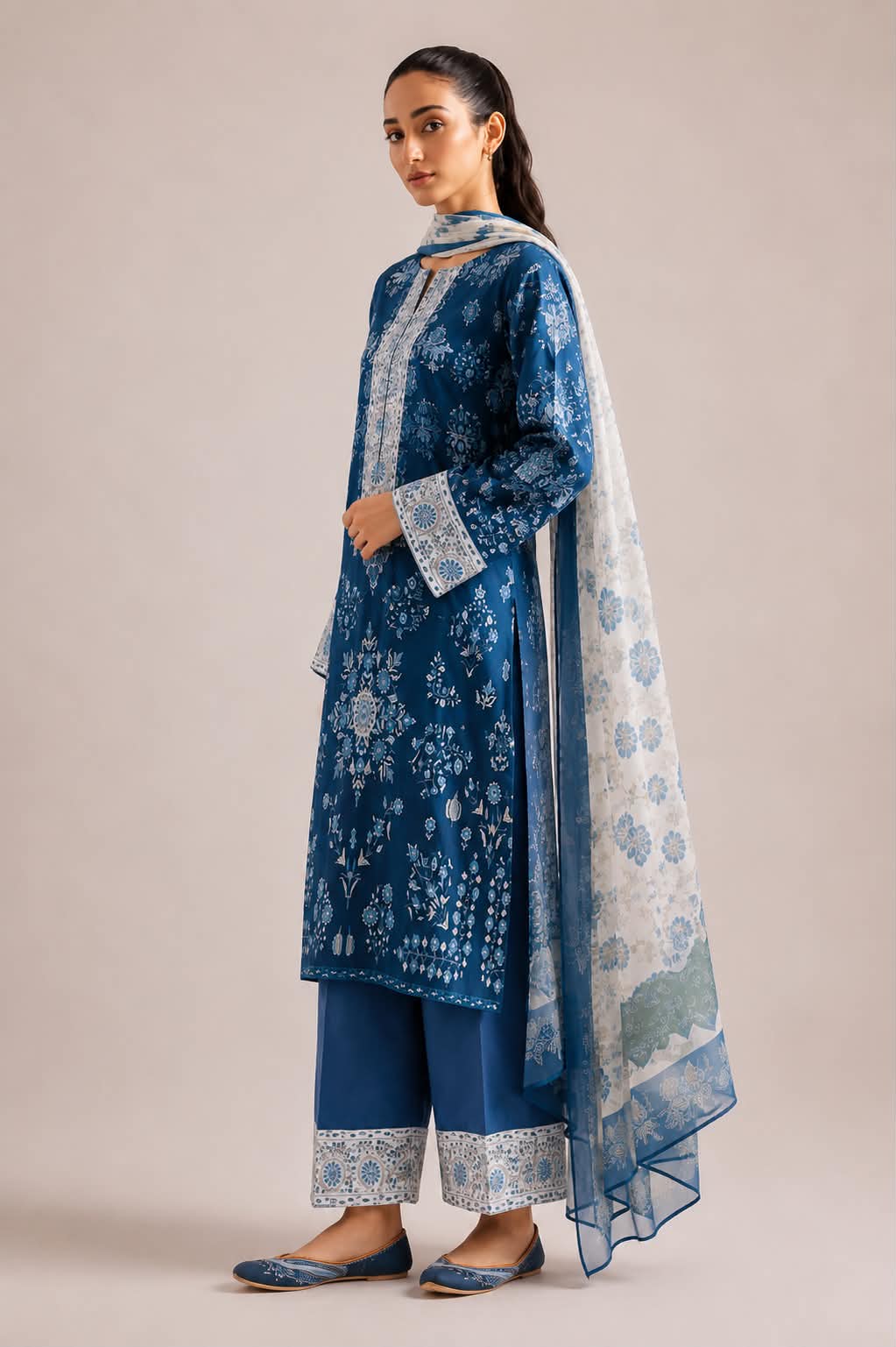 ETHNC 3 Piece Embroidered Lawn Suit for Women | Blue Embroidered Lawn Shirt, Dyed Trouser & Printed Lawn Dupatta