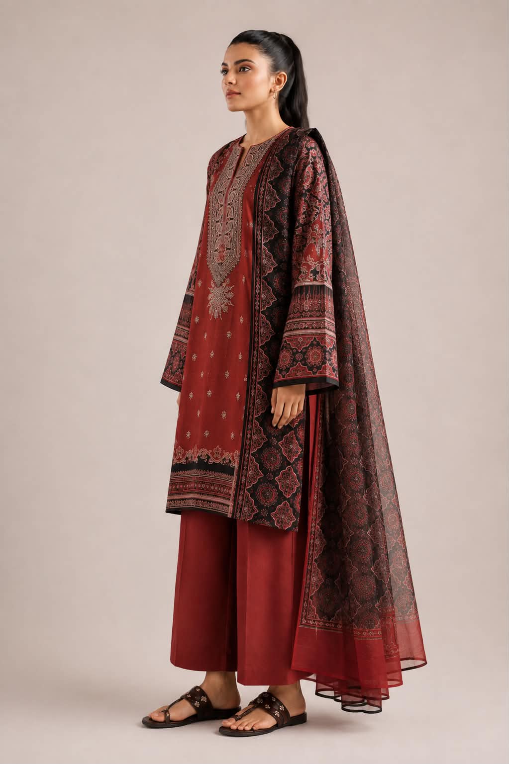 ETHNC 3 Piece Embroidered Lawn Suit for Women | Embroidered Lawn Shirt, Dyed Trouser & Printed Lawn Dupatta