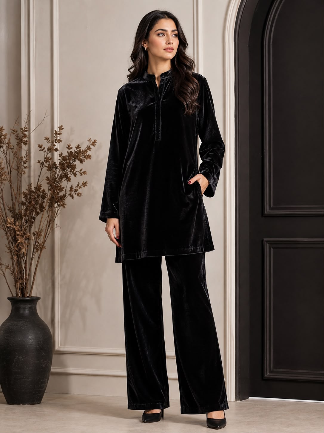 Luxury Micro Velvet 9000 Unstitched 2-Piece Winter Collection | Shirt & Trouser (5 Yards) | Black