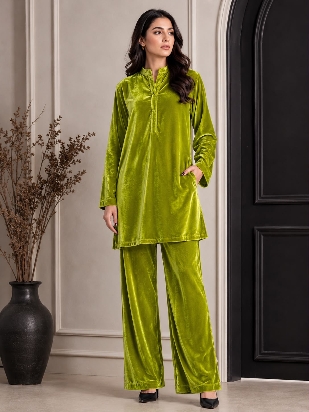Luxury Micro Velvet 9000 Unstitched 2-Piece Winter Collection | Shirt & Trouser (5 Yards) Perrot green