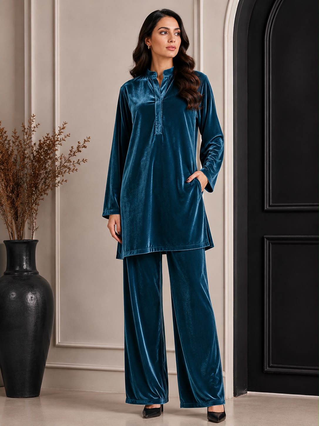 Luxury Micro Velvet 9000 Unstitched 2-Piece Winter Collection | Shirt & Trouser (5 Yards) | Teal Blue