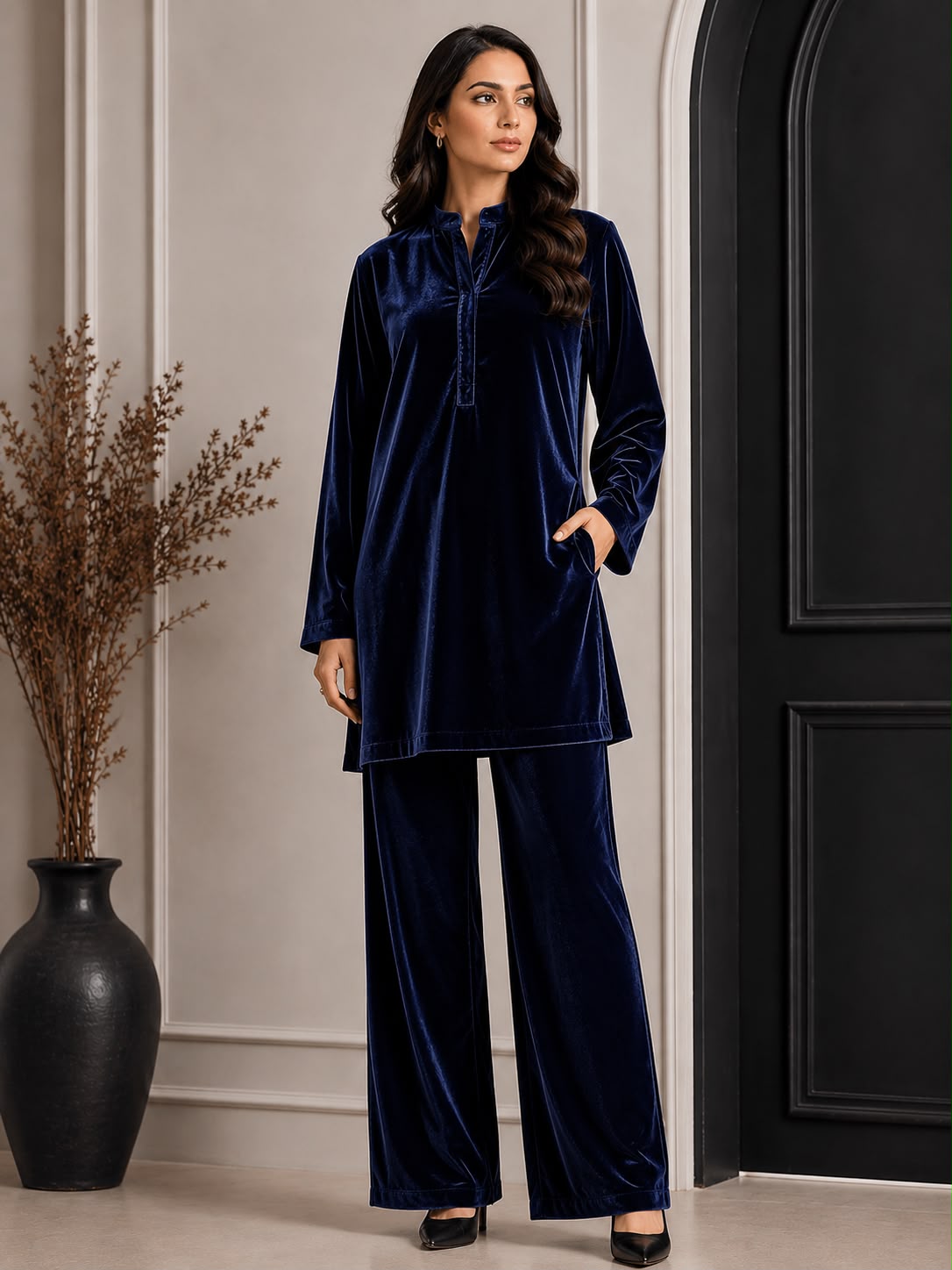 Luxury Micro Velvet 9000 Unstitched 2-Piece Winter Collection | Shirt & Trouser (5 Yards) | Navy Blue