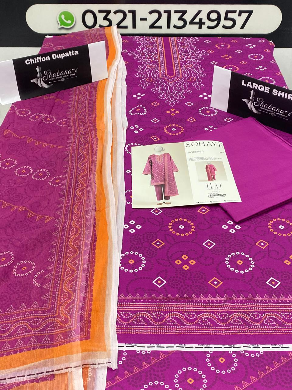 Sohaye 3-Piece Unstitched Lawn Suit with Chiffon Dupatta – Ladies Lawn Suit