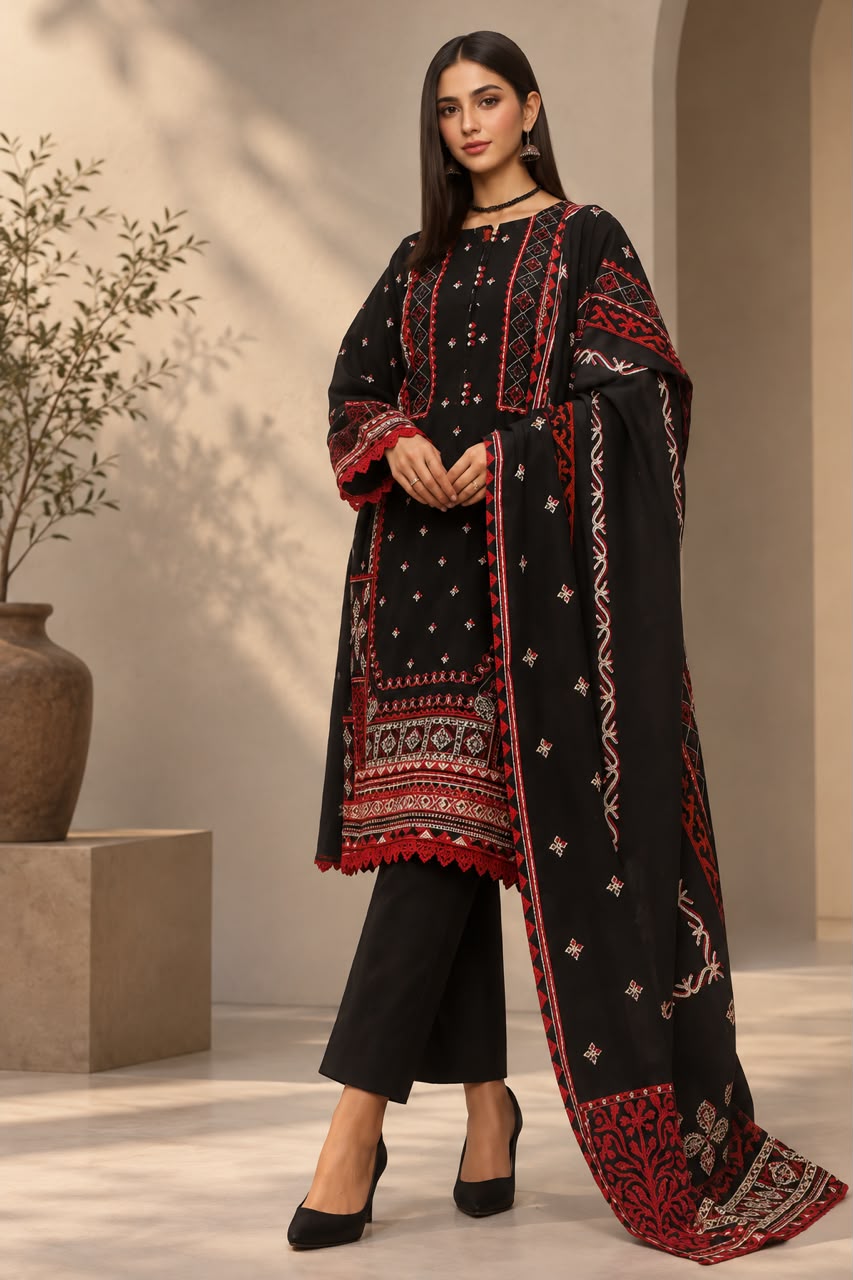 Gul Ahmed Radish Pink & Black Khaddar 3-Piece Unstitched Suit – Winter Collection 2026/Radish Pink and Black