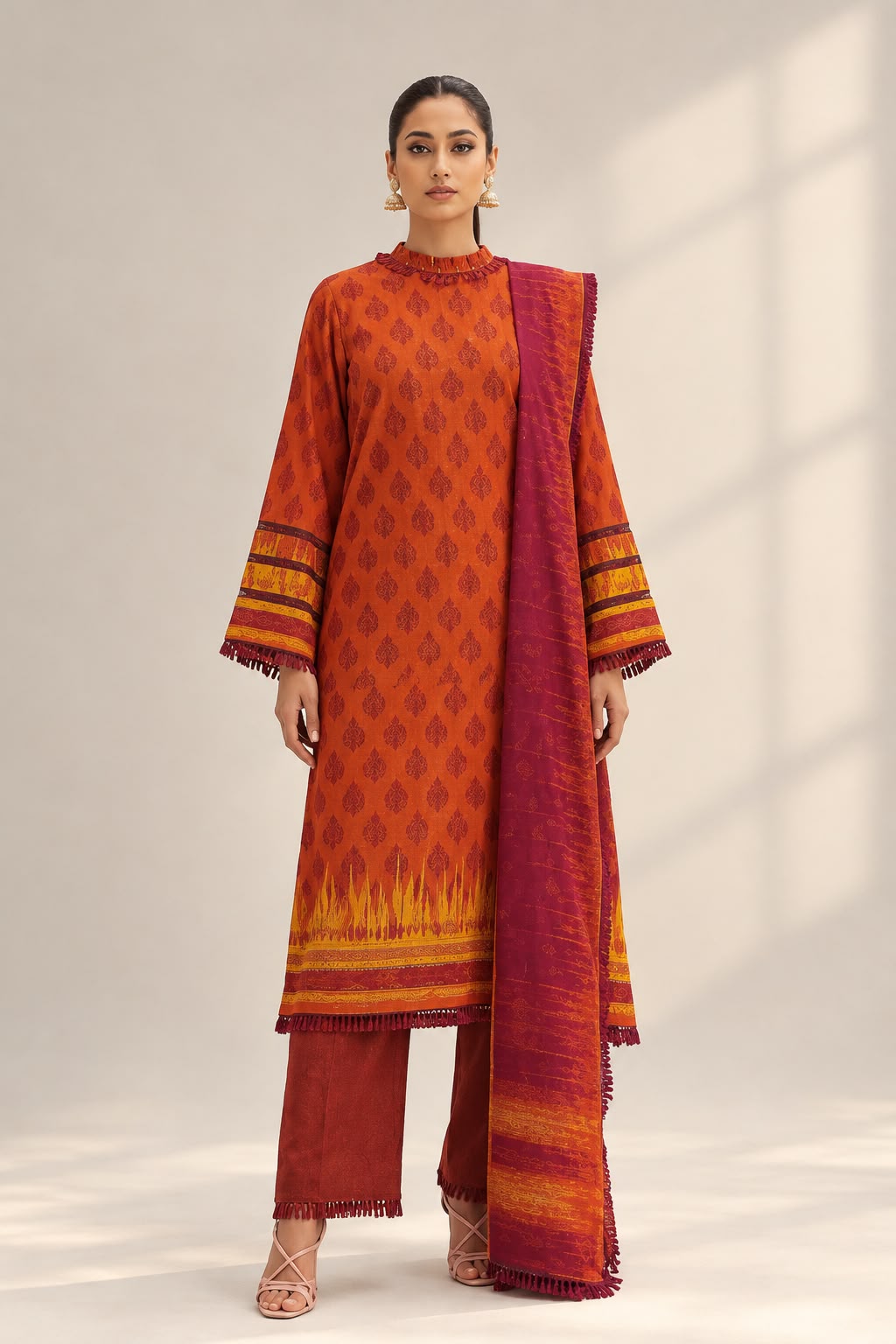 Gul Ahmed Rust Orange Khaddar 3-Piece Unstitched Suit/Rust Orange with Maroon, Mustard Yellow, and Deep Red Accents.
