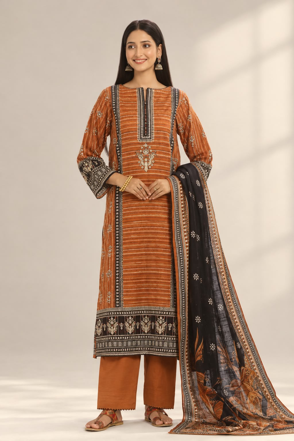 Gul Ahmed Rust Brown Khaddar 3-Piece Unstitched Suit