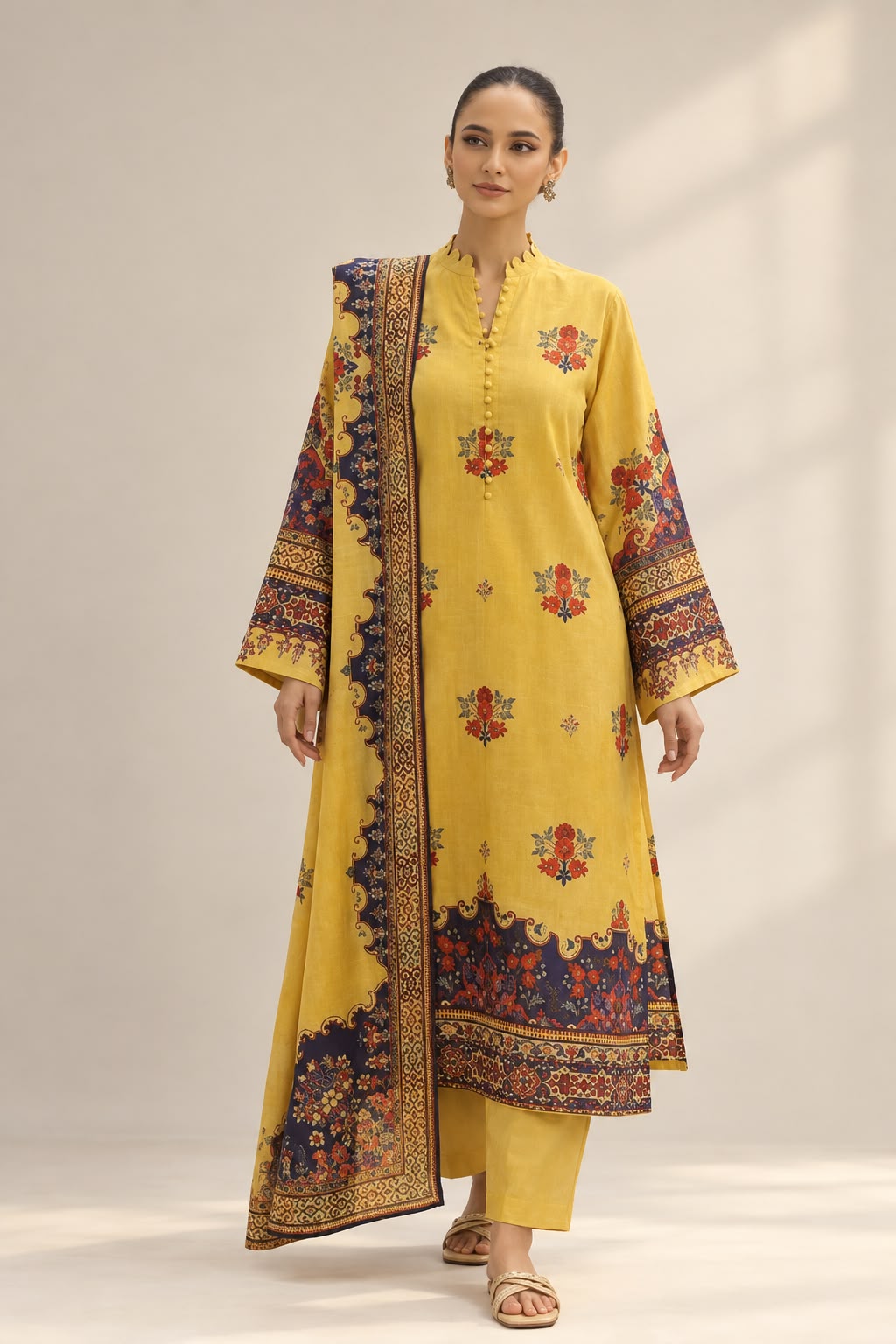 Gul Ahmed Mustard Yellow Khaddar 3-Piece Unstitched Suit/Gul Ahmed Mustard Yellow Khaddar 3-Piece Unstitched Suit