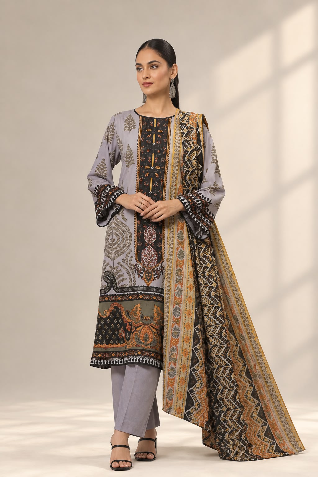 Gul Ahmed Grey Khaddar 3-Piece Unstitched Suit/Light Grey / Lavender Grey