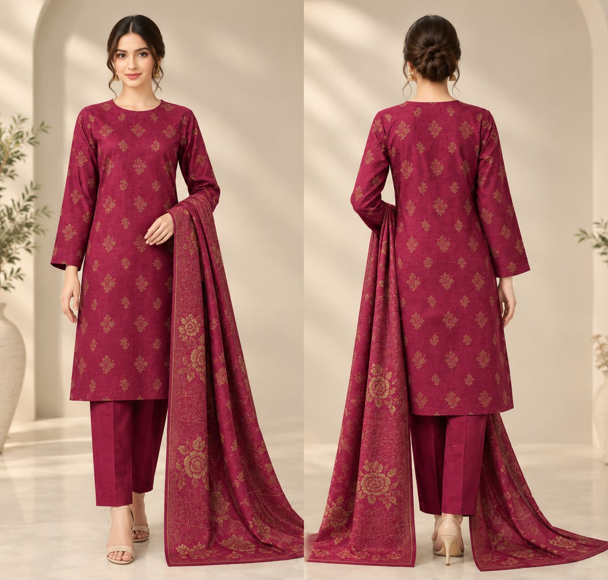 J. Maroon Printed Khaddar 3-Piece Unstitched Suit JACQUARD