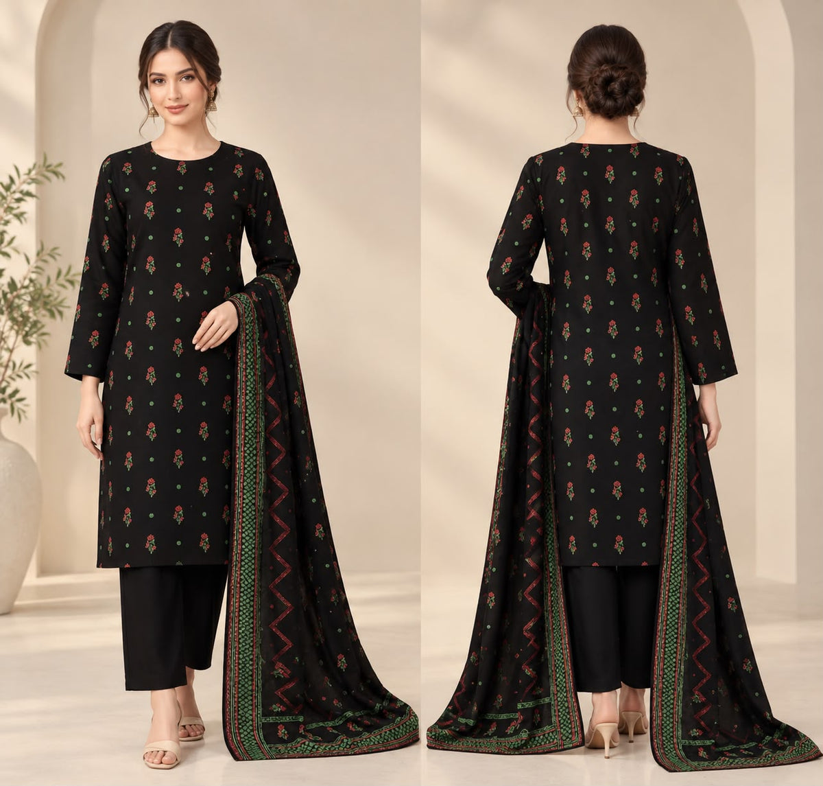 J. Black 2-Piece Printed Suit with Red & Green Floral Motifs and Contrast Dupatta