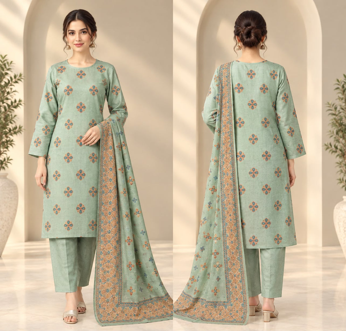 J. Mint Green 3-Piece Printed Suit with Rust & Blue Floral Motifs – Women's Collection