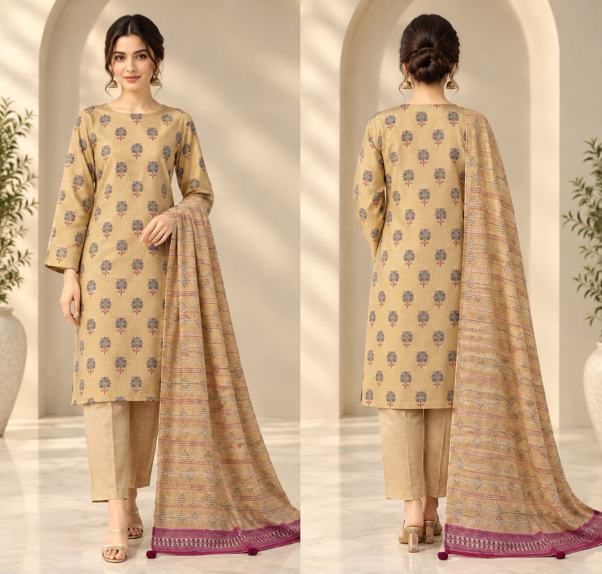 J. Beige Printed 3-Piece Suit with Blue Floral Motifs and Magenta Border Dupatta – Women's Collection
