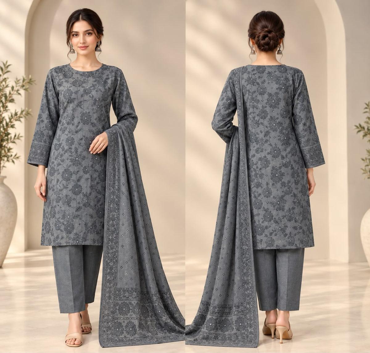 J. Grey Floral Printed 3-Piece Suit with Matching Dupatta – Elegant Women's Collection