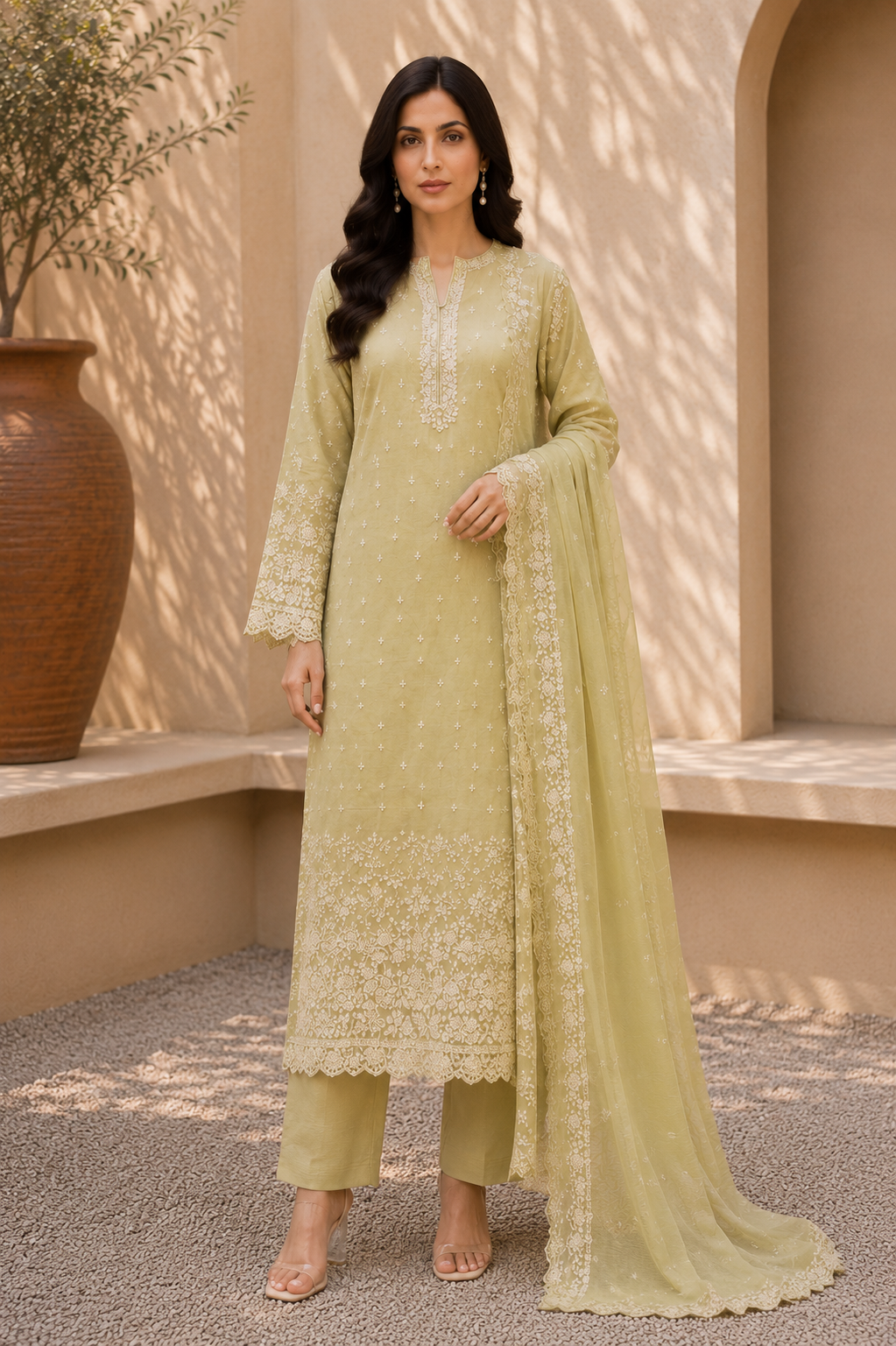 Alkaram unstitched 3 Piece Embroidered Suit for Women | Lawn Shirt, Chiffon Dupatta & Cambric Pants