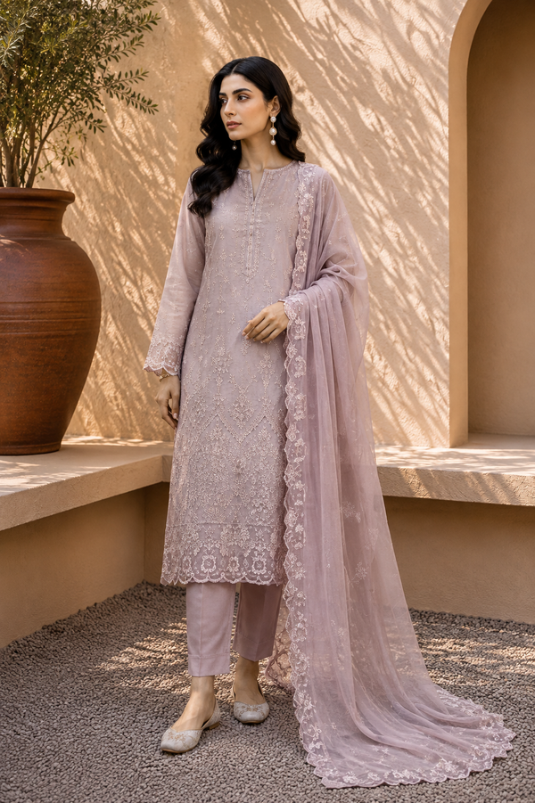 Alkaram unstitched 3 Piece Embroidered Suit for Women | Lawn Shirt, Chiffon Dupatta & Cambric Pants