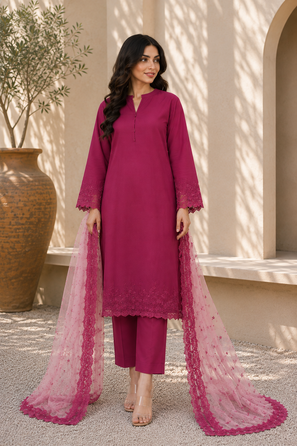 Alkaram unstitched 3 Piece Embroidered Suit for Women | Lawn Shirt, Chiffon Dupatta & Cambric Pants
