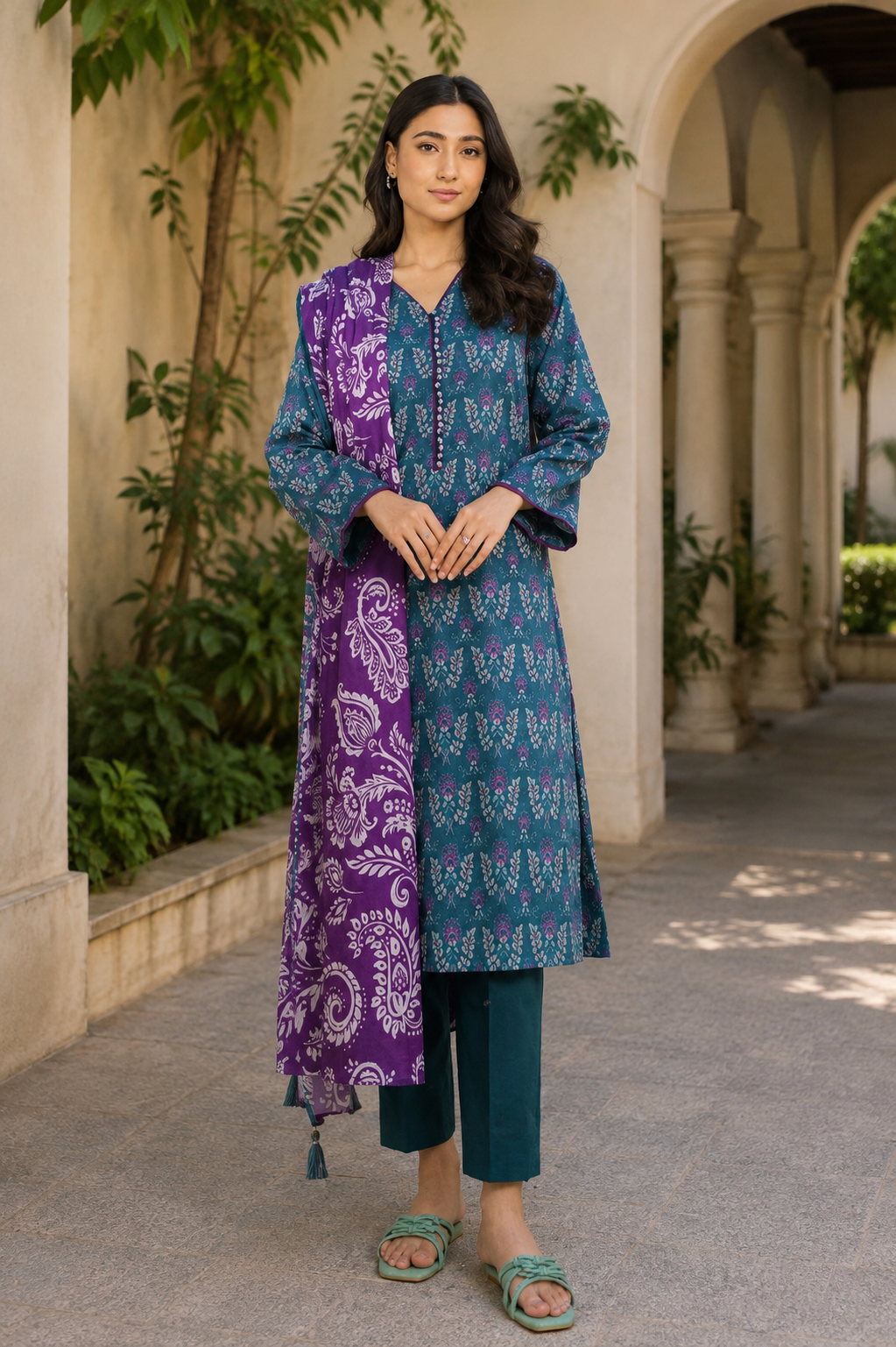 Alkaram 3-Piece Printed Lawn Suit – Unstitched Printed Shirt, Lawn Dupatta & Dyed Trouser