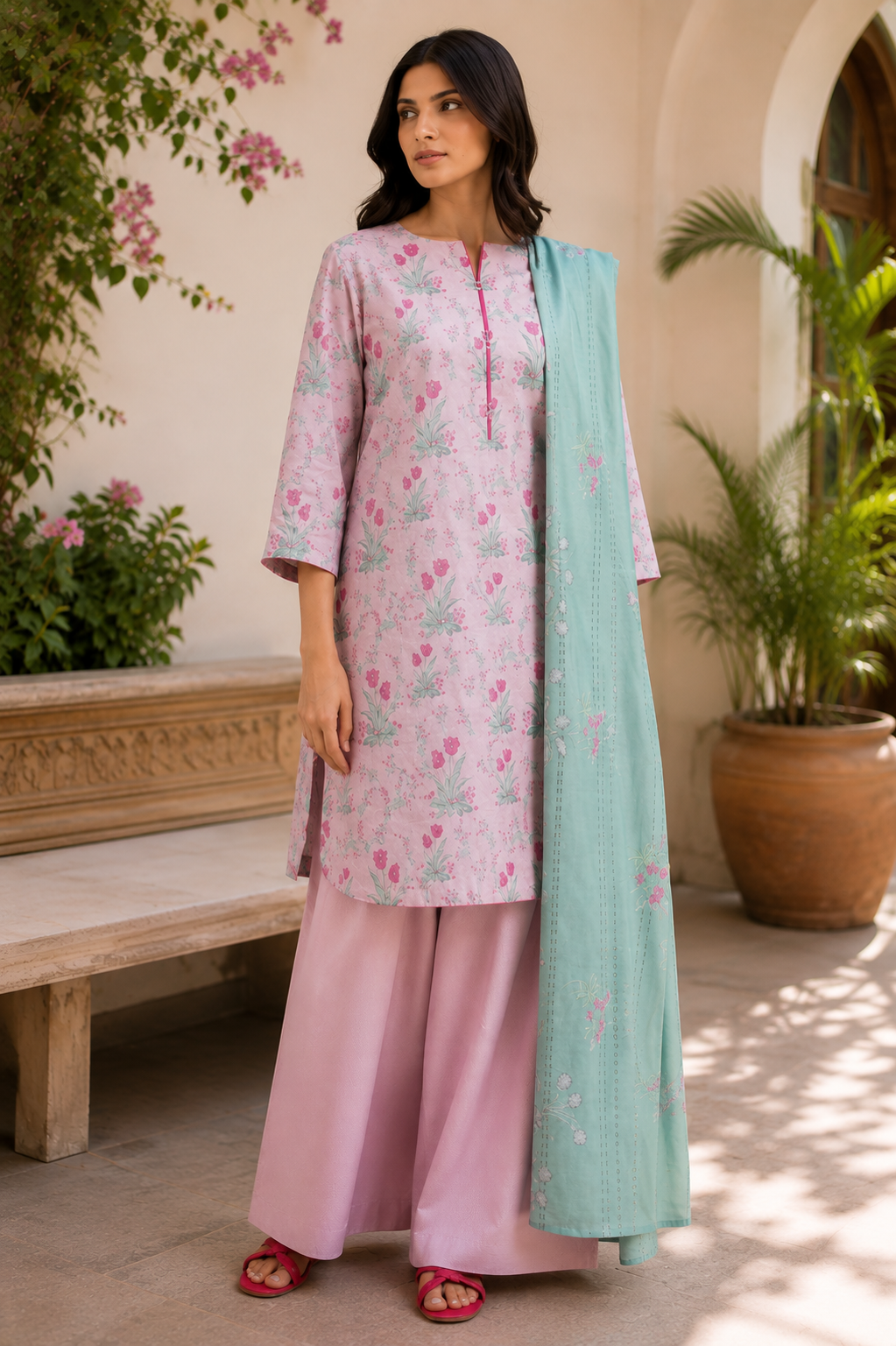 Alkaram 3-Piece Printed Lawn Suit – Unstitched Printed Shirt, Lawn Dupatta & Dyed Trouser