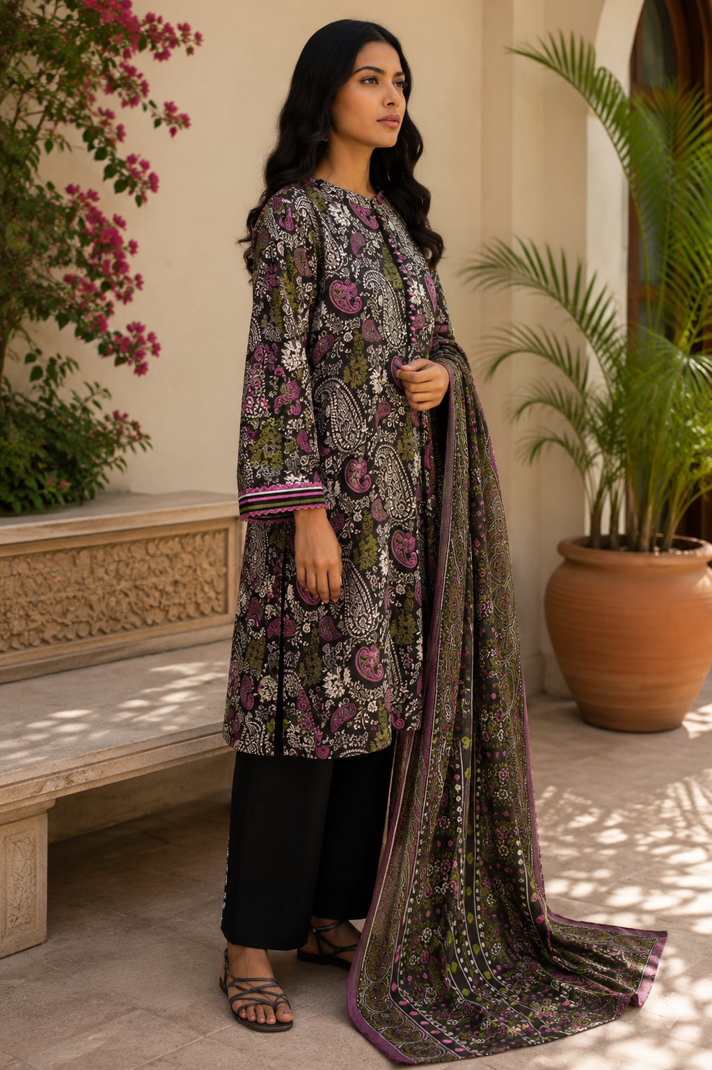 Alkaram 3-Piece Printed Lawn Suit – Unstitched Printed Shirt, Lawn Dupatta & Dyed Trouser