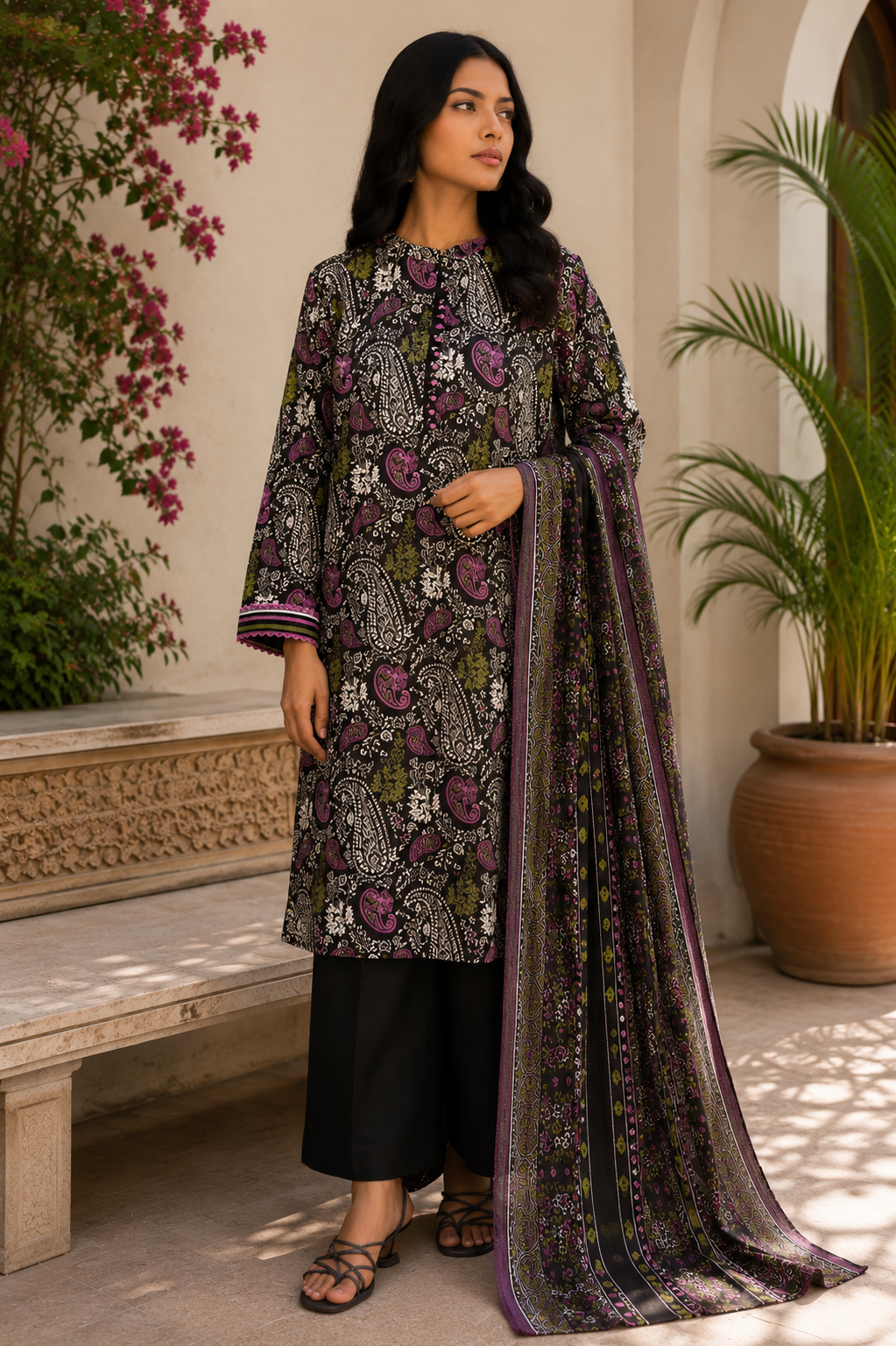 Alkaram 3-Piece Printed Lawn Suit – Unstitched Printed Shirt, Lawn Dupatta & Dyed Trouser