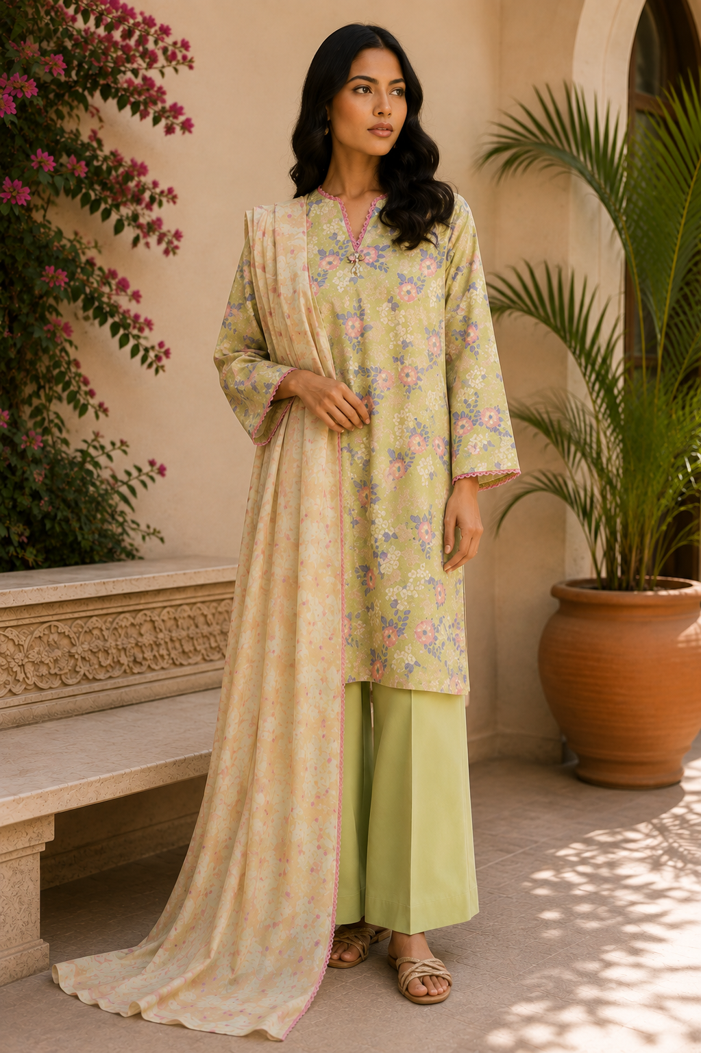 Alkaram 3-Piece Printed Lawn Suit – Unstitched Printed Shirt, Lawn Dupatta & Dyed Trouser