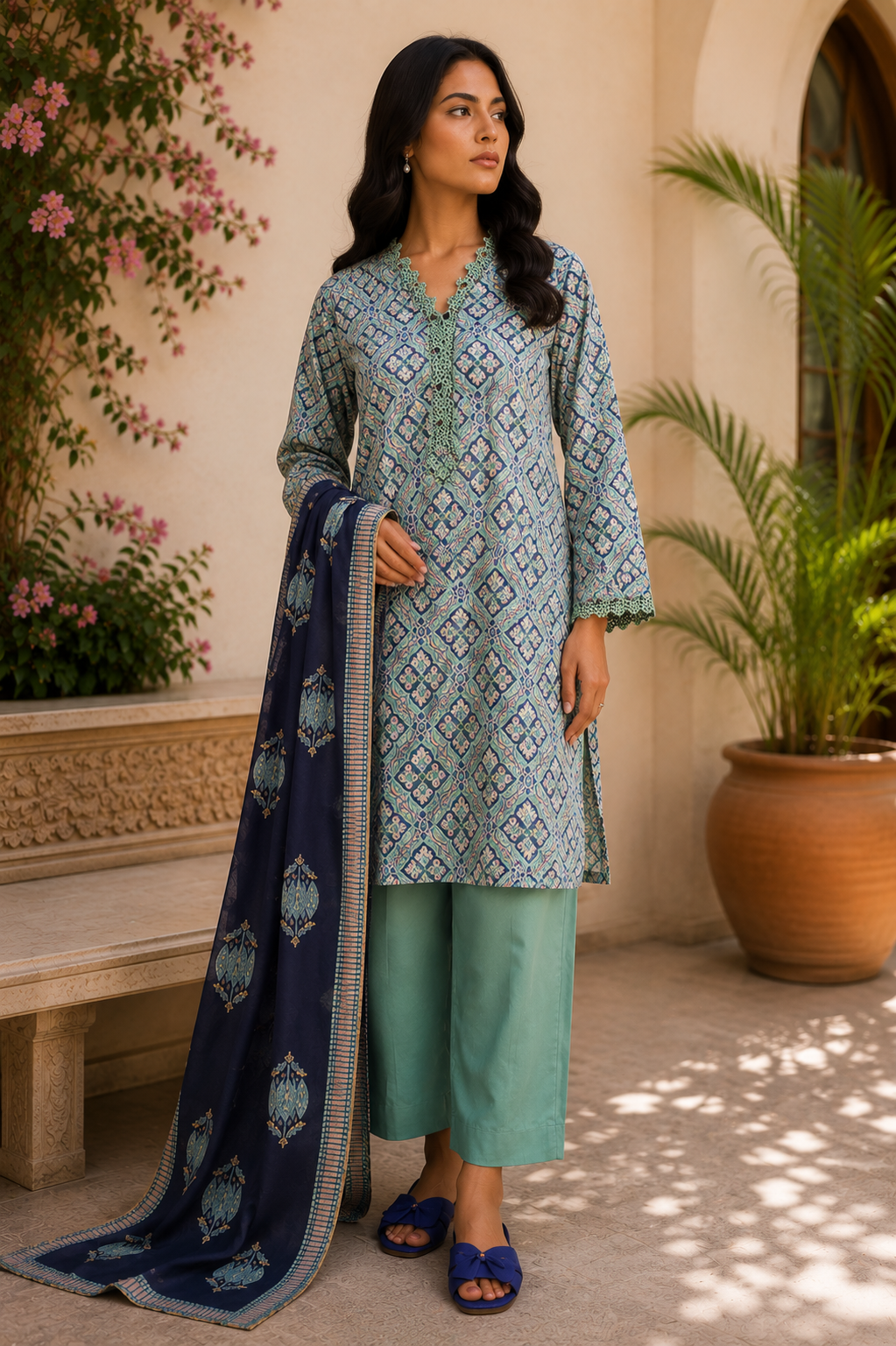 Alkaram 3-Piece Printed Lawn Suit – Unstitched Printed Shirt, Lawn Dupatta & Dyed Trouser