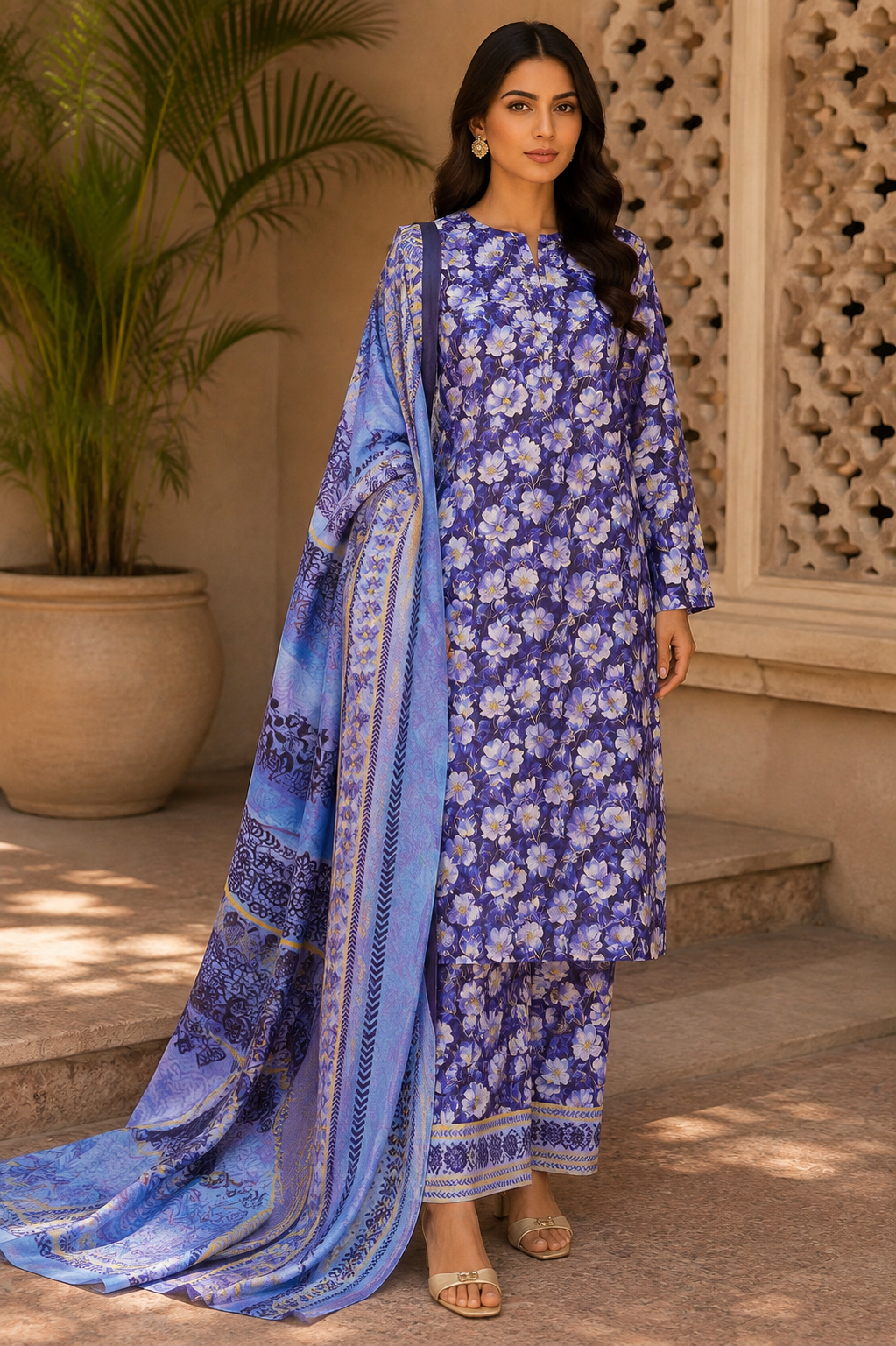 Heer By Blueberry 3-Piece Printed Soft Cotton Suit – Unstitched Soft Cotton Shirt, Dupatta & Trouser