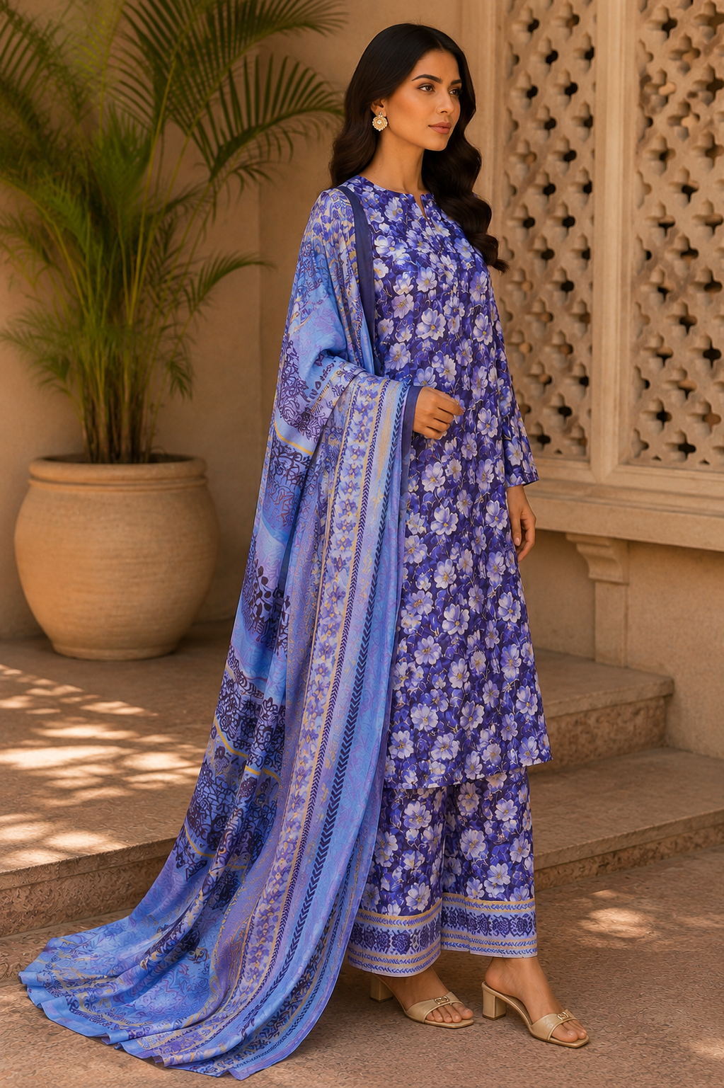 Heer By Blueberry 3-Piece Printed Soft Cotton Suit – Unstitched Soft Cotton Shirt, Dupatta & Trouser