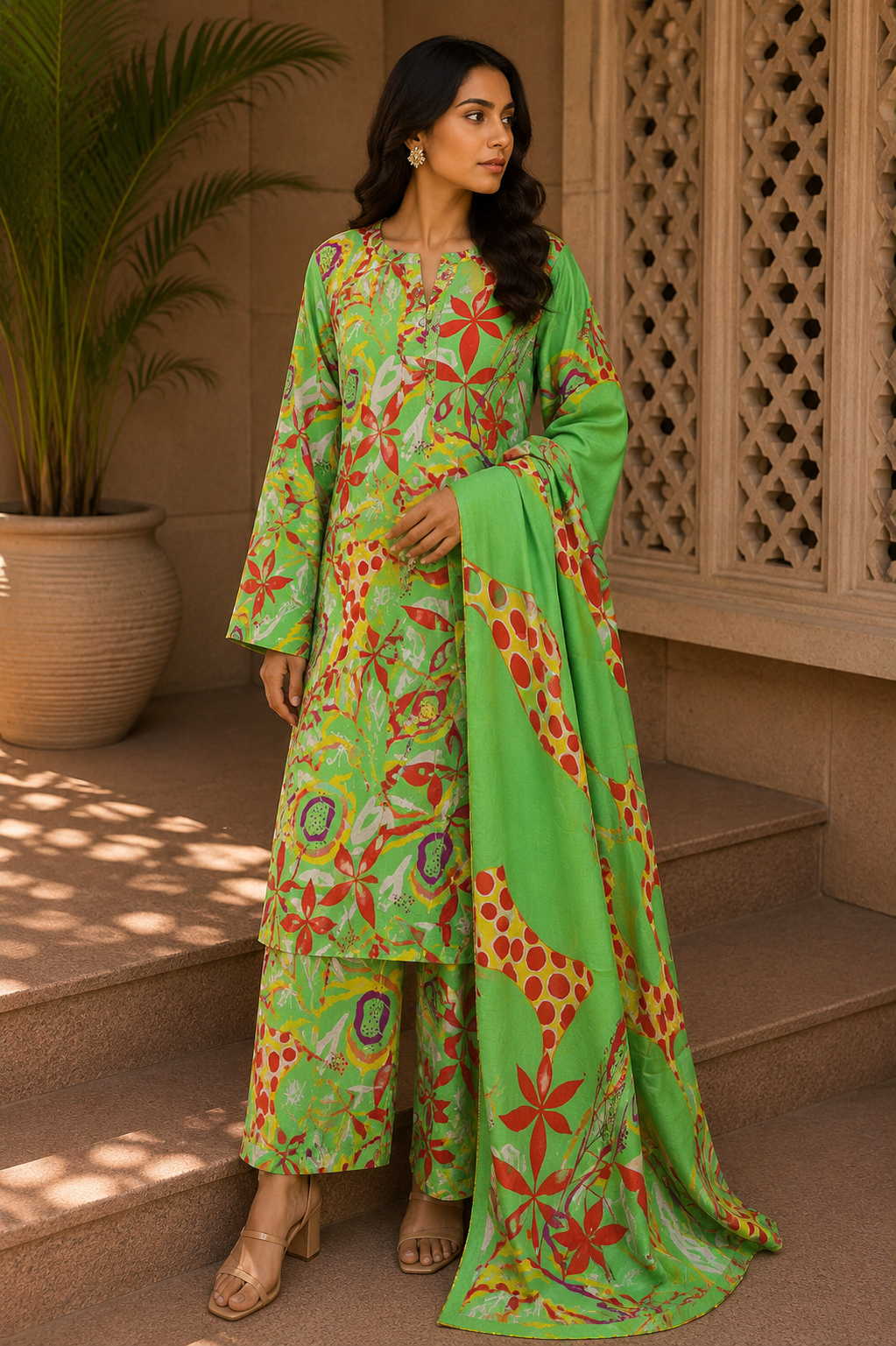 Heer By Blueberry 3-Piece Printed Soft Cotton Suit – Unstitched Soft Cotton Shirt, Dupatta & Trouser