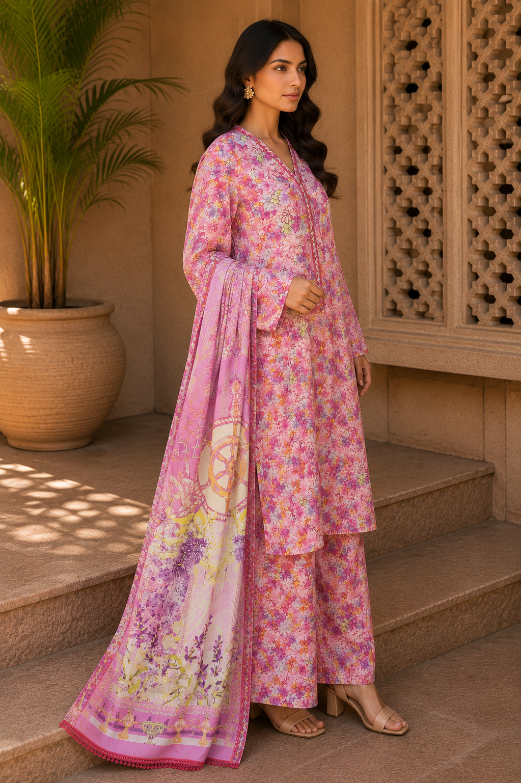 Heer By Blueberry 3-Piece Printed Soft Cotton Suit – Unstitched Soft Cotton Shirt, Dupatta & Trouser