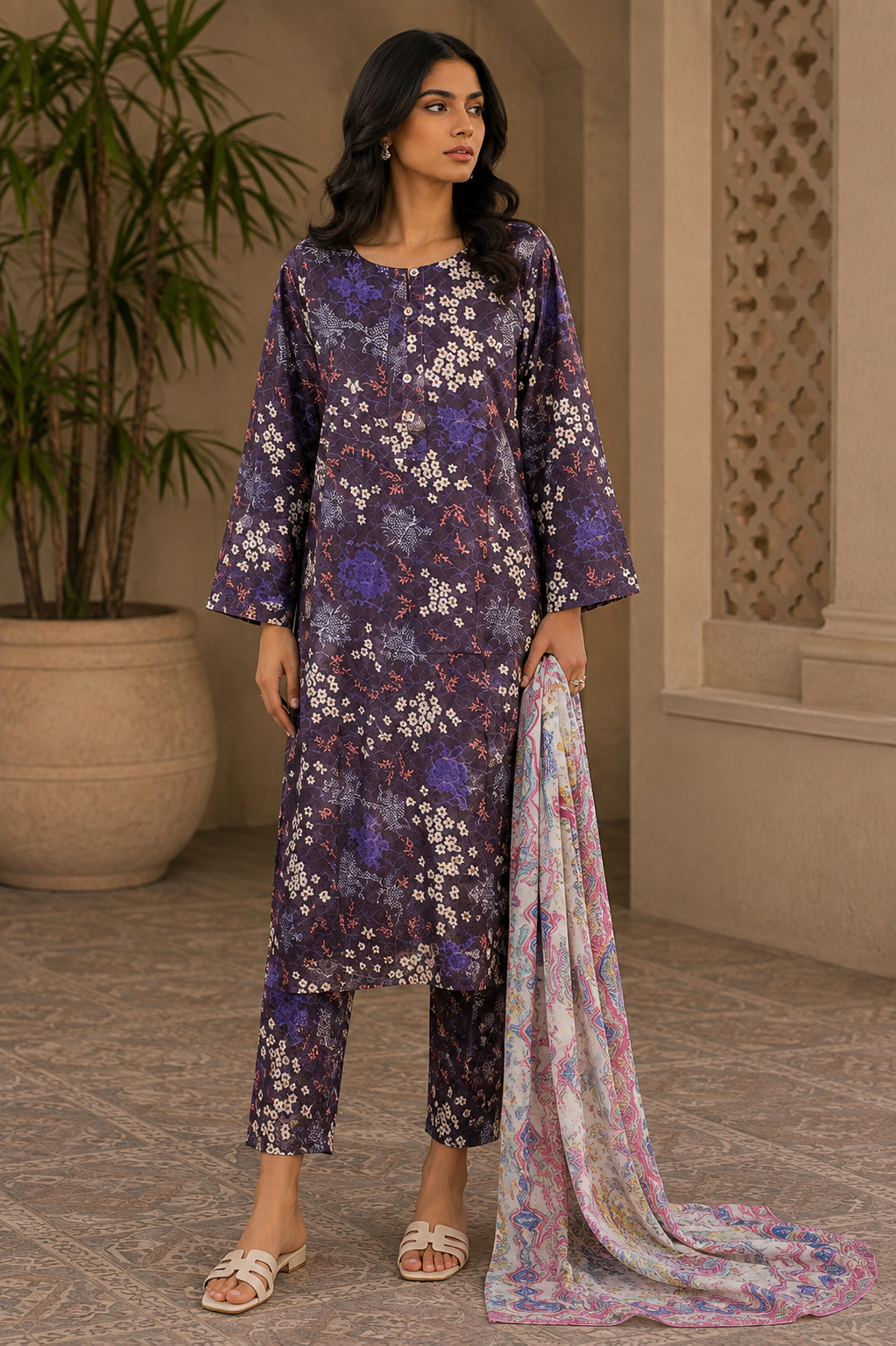 Heer By Blueberry 3-Piece Printed Soft Cotton Suit – Unstitched Soft Cotton Shirt, Dupatta & Trouser