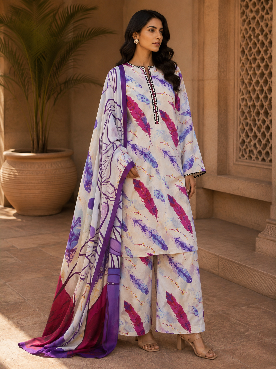 Heer By Blueberry 3-Piece Printed Soft Cotton Suit – Unstitched Soft Cotton Shirt, Dupatta & Trouser