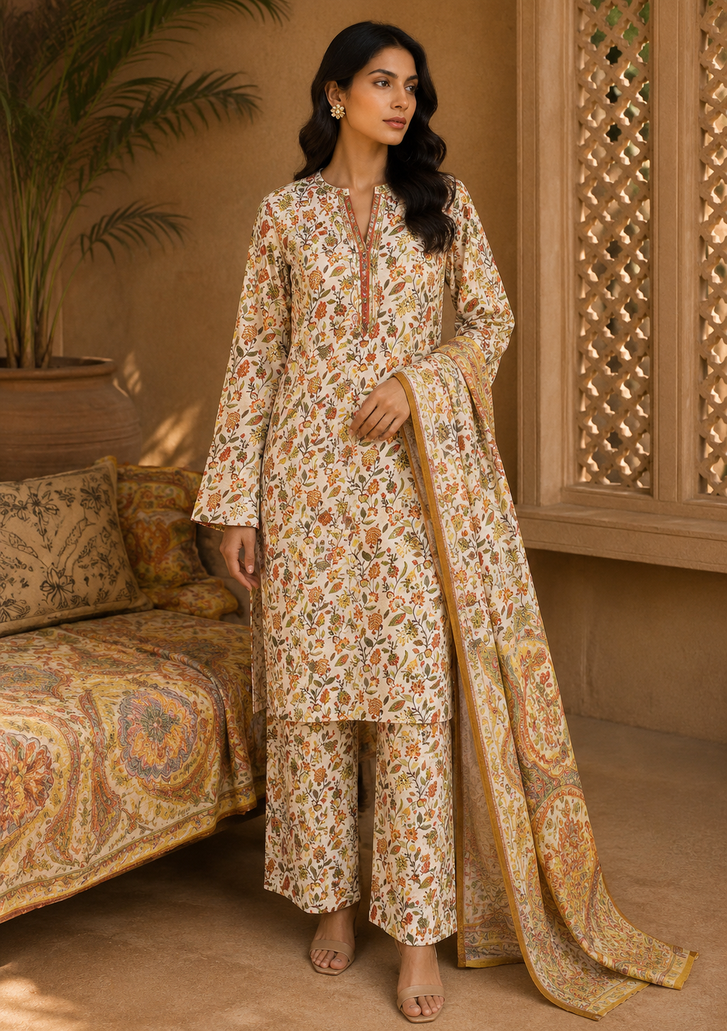 Heer By Blueberry 3-Piece Printed Soft Cotton Suit – Unstitched Soft Cotton Shirt, Dupatta & Trouser