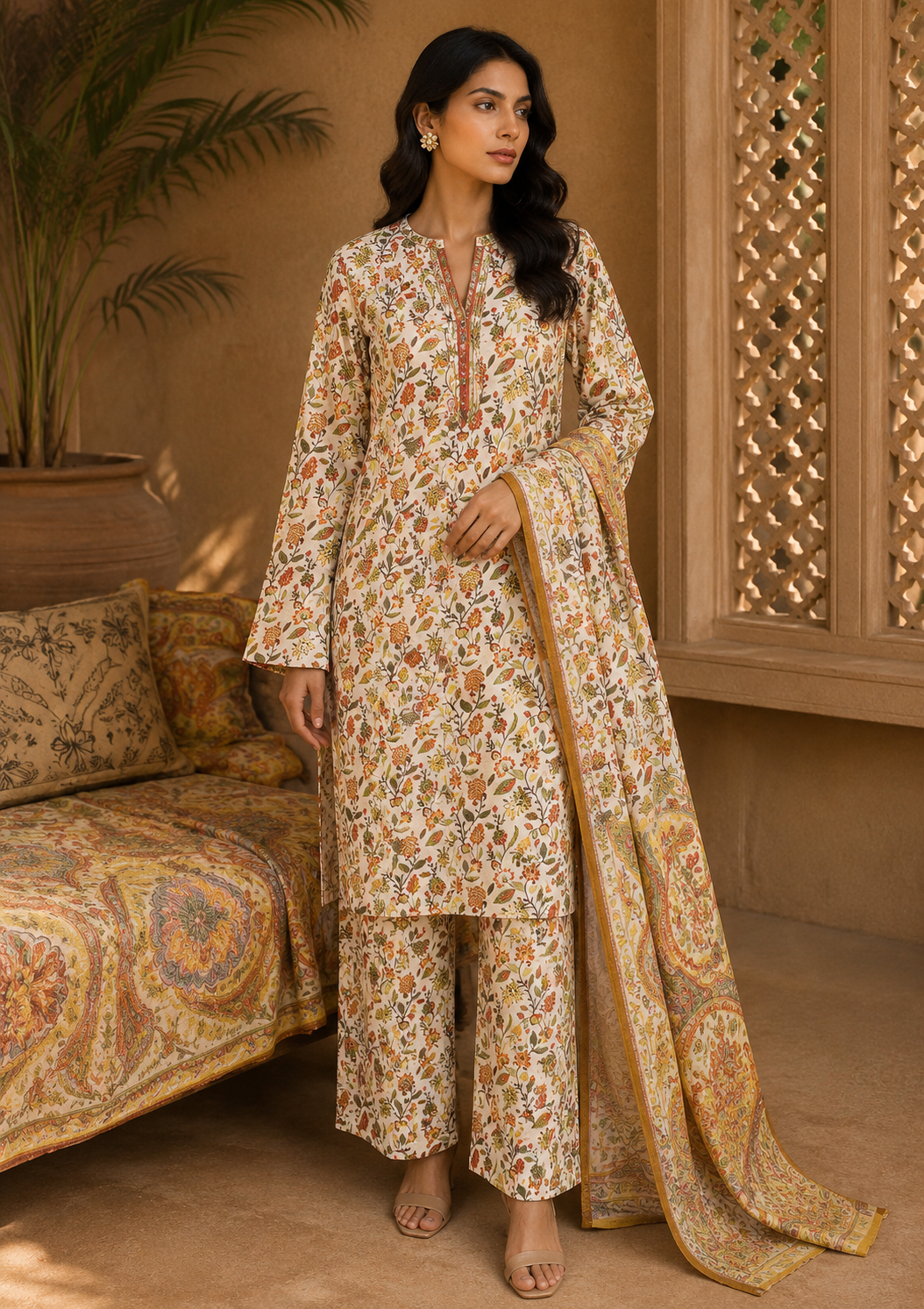 Heer By Blueberry 3-Piece Printed Soft Cotton Suit – Unstitched Soft Cotton Shirt, Dupatta & Trouser