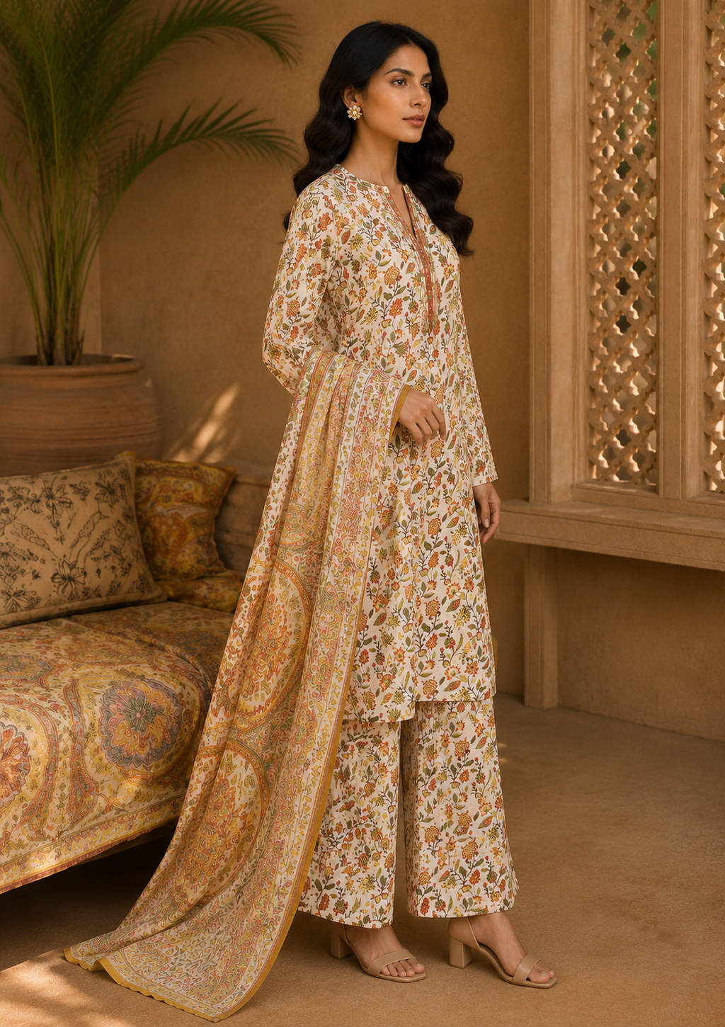 Heer By Blueberry 3-Piece Printed Soft Cotton Suit – Unstitched Soft Cotton Shirt, Dupatta & Trouser