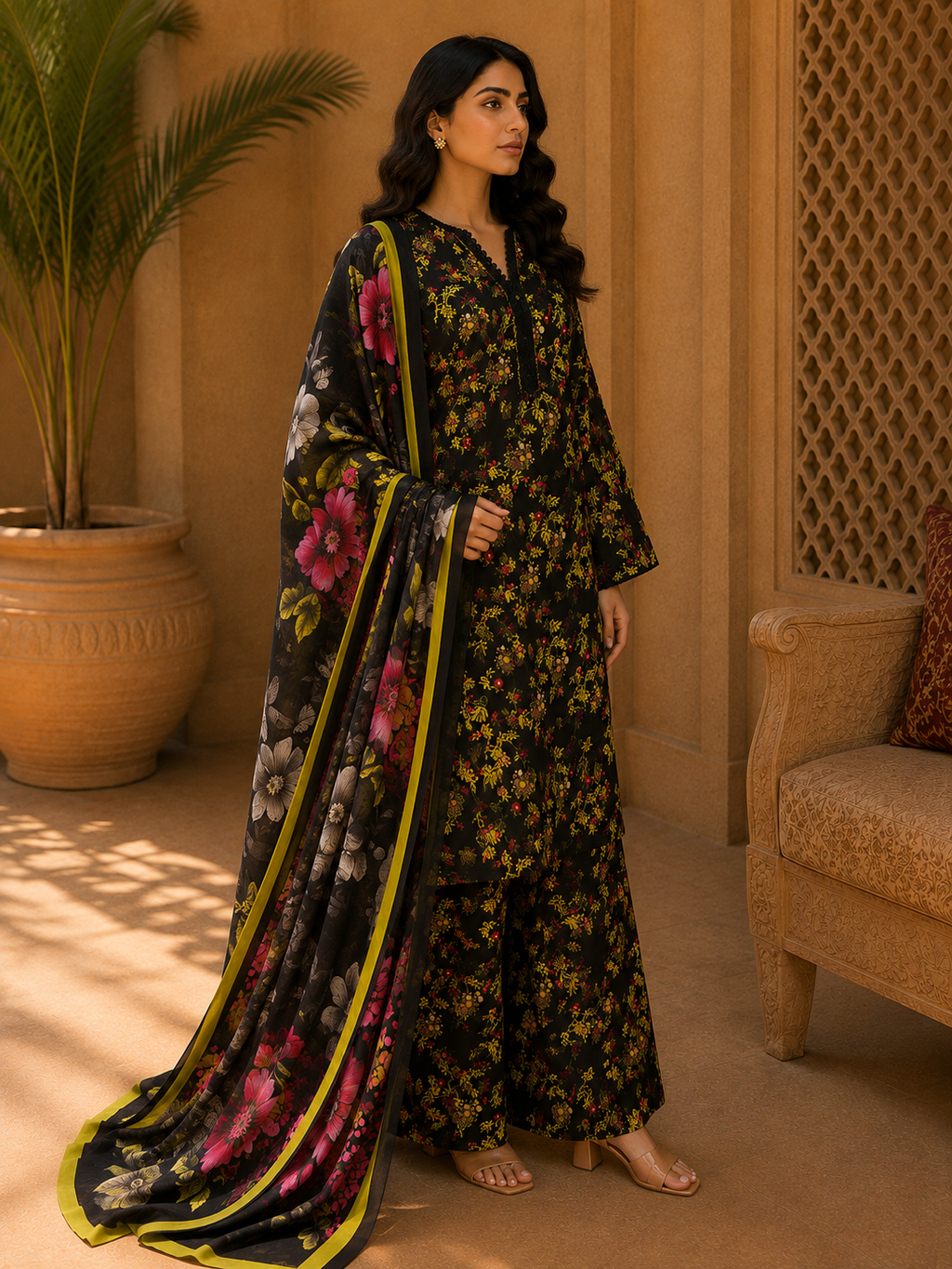 Heer By Blueberry 3-Piece Printed Soft Cotton Suit – Unstitched Soft Cotton Shirt, Dupatta & Trouser