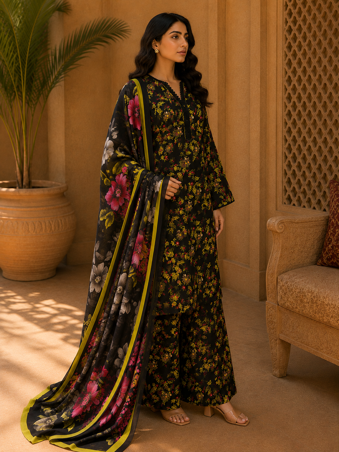 Heer By Blueberry 3-Piece Printed Soft Cotton Suit – Unstitched Soft Cotton Shirt, Dupatta & Trouser