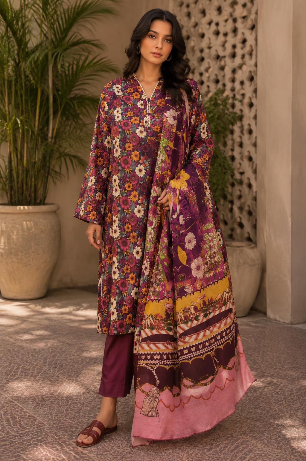 Heer By Blueberry 3-Piece Printed Soft Cotton Suit – Unstitched Soft Cotton Shirt, Dupatta & Trouser