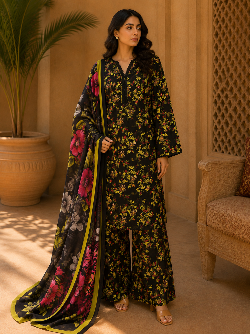 Heer By Blueberry 3-Piece Printed Soft Cotton Suit – Unstitched Soft Cotton Shirt, Dupatta & Trouser