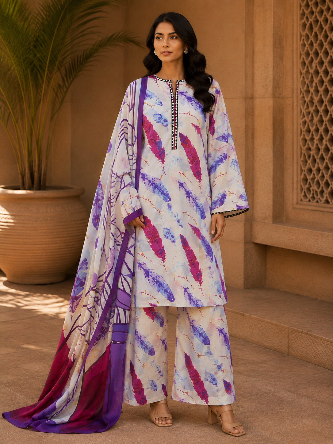 Heer By Blueberry 3-Piece Printed Soft Cotton Suit – Unstitched Soft Cotton Shirt, Dupatta & Trouser