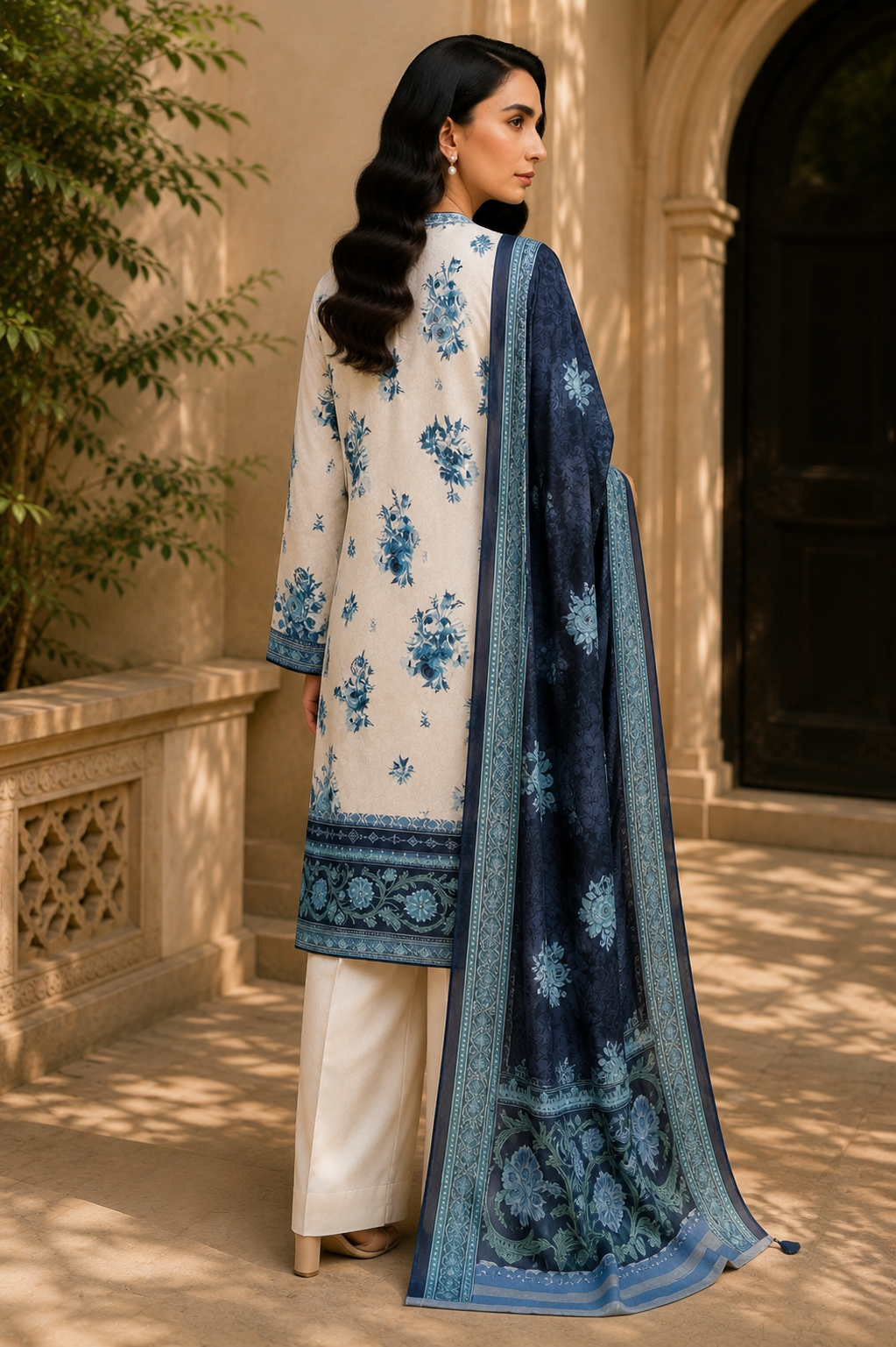 Khaadi 3-Piece Printed Lawn Suit – Unstitched Printed Dupatta Shirt & Dyed Lawn Trouser