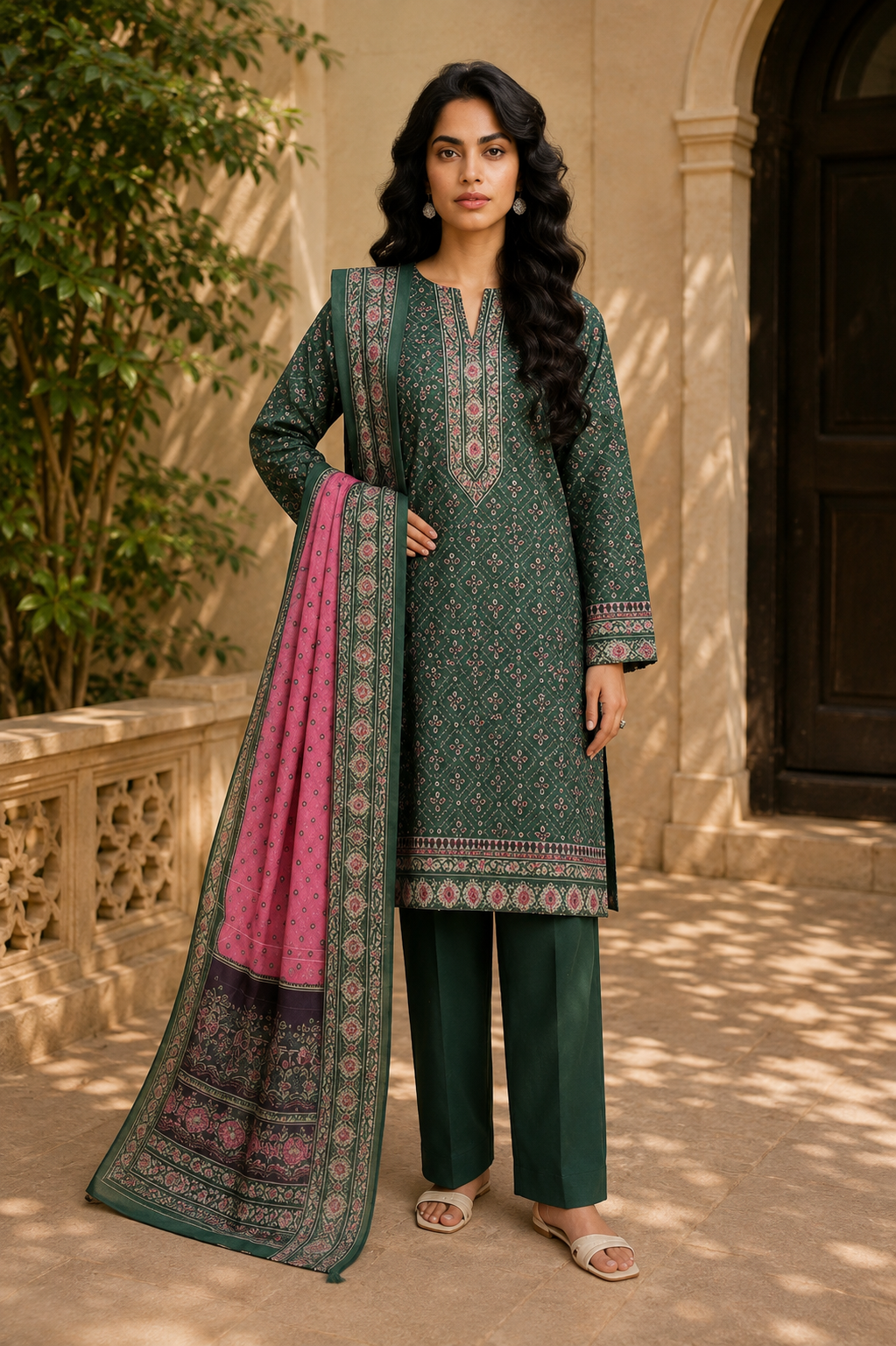 Khaadi 3-Piece Printed Lawn Suit – Unstitched Printed Dupatta Shirt & Dyed Lawn Trouser