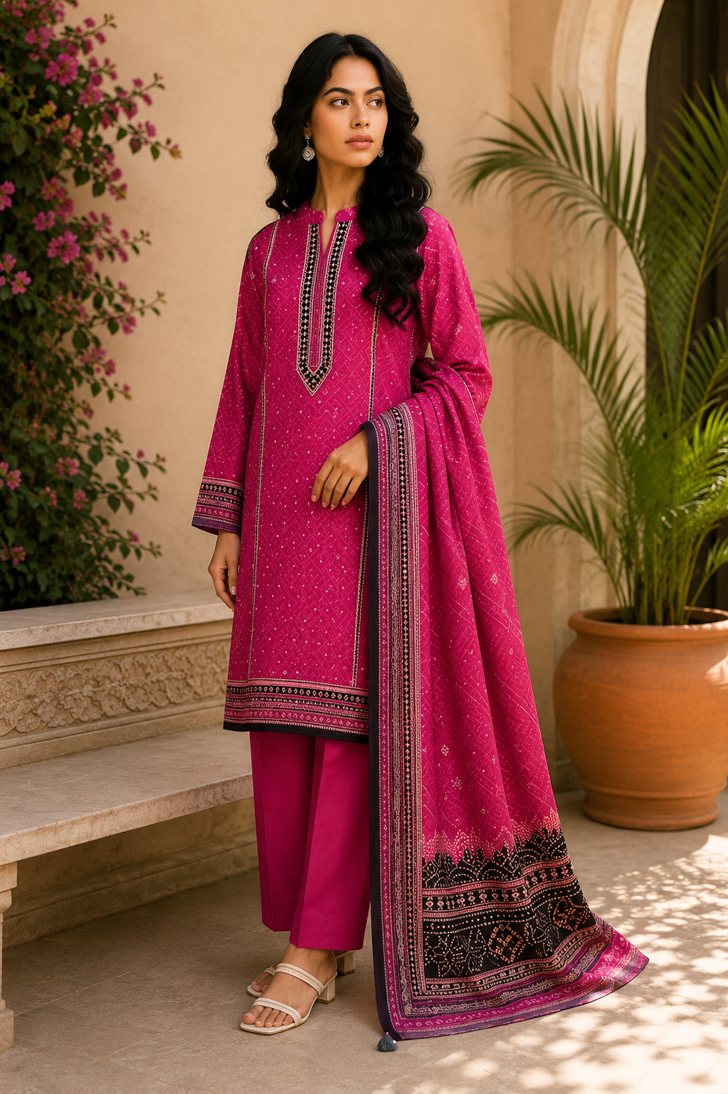 Khaadi 3-Piece Printed Lawn Suit – Unstitched Printed Dupatta Shirt & Dyed Lawn Trouser
